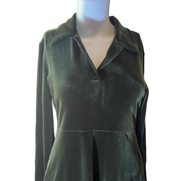 BCBG Maxazria Green Velvet Velour Collared Long Sleeve A-Line Mini Dress L - Picture 6 of 7